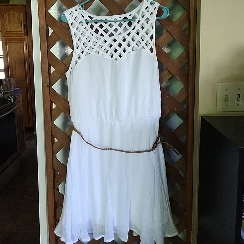 Lily Rose White skater dress with brown belt NWOT